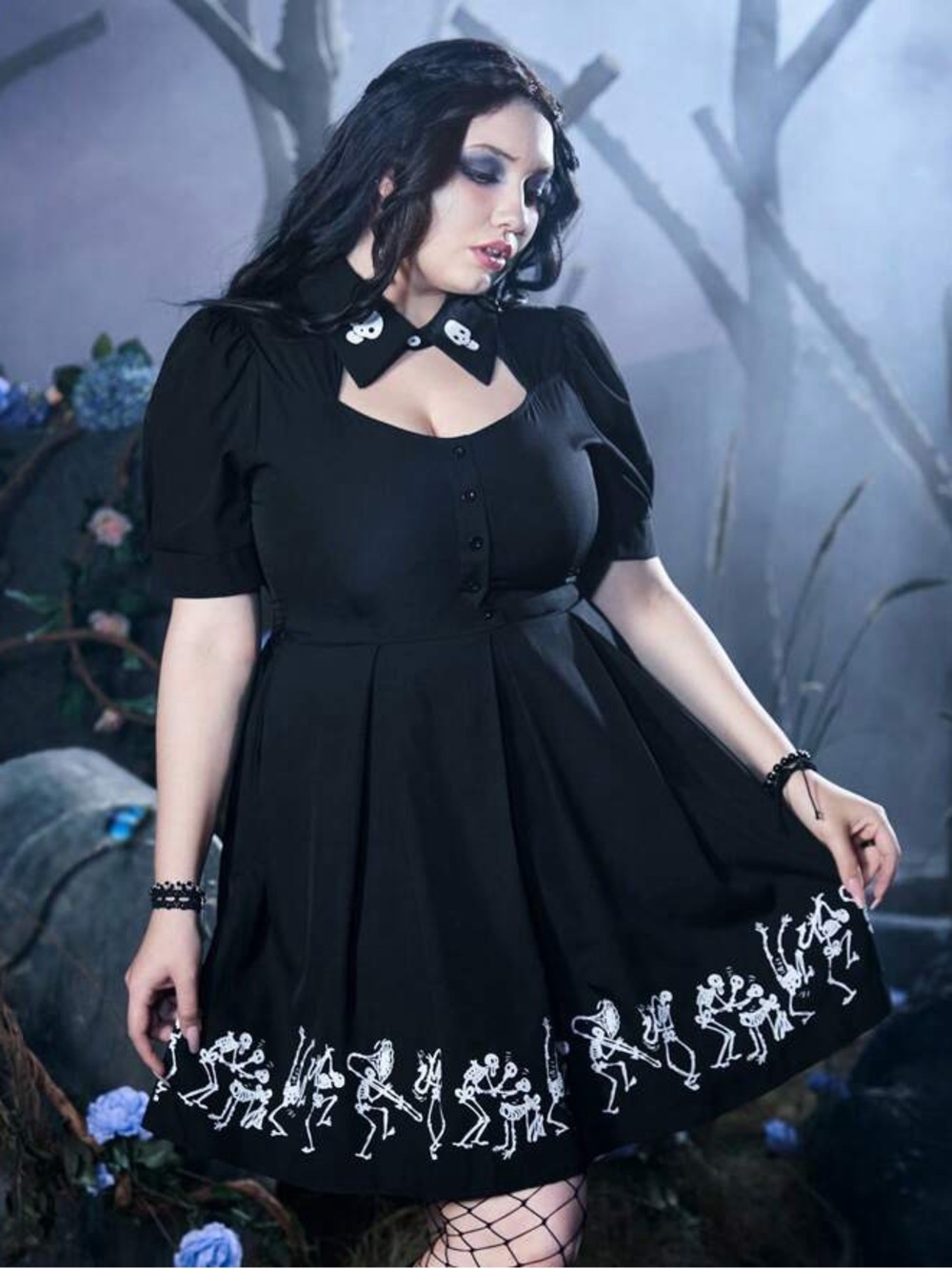 ROMWE Corpse Bride Dress Skeleton Cut Out Puff Sleeve Goth Halloween XS New